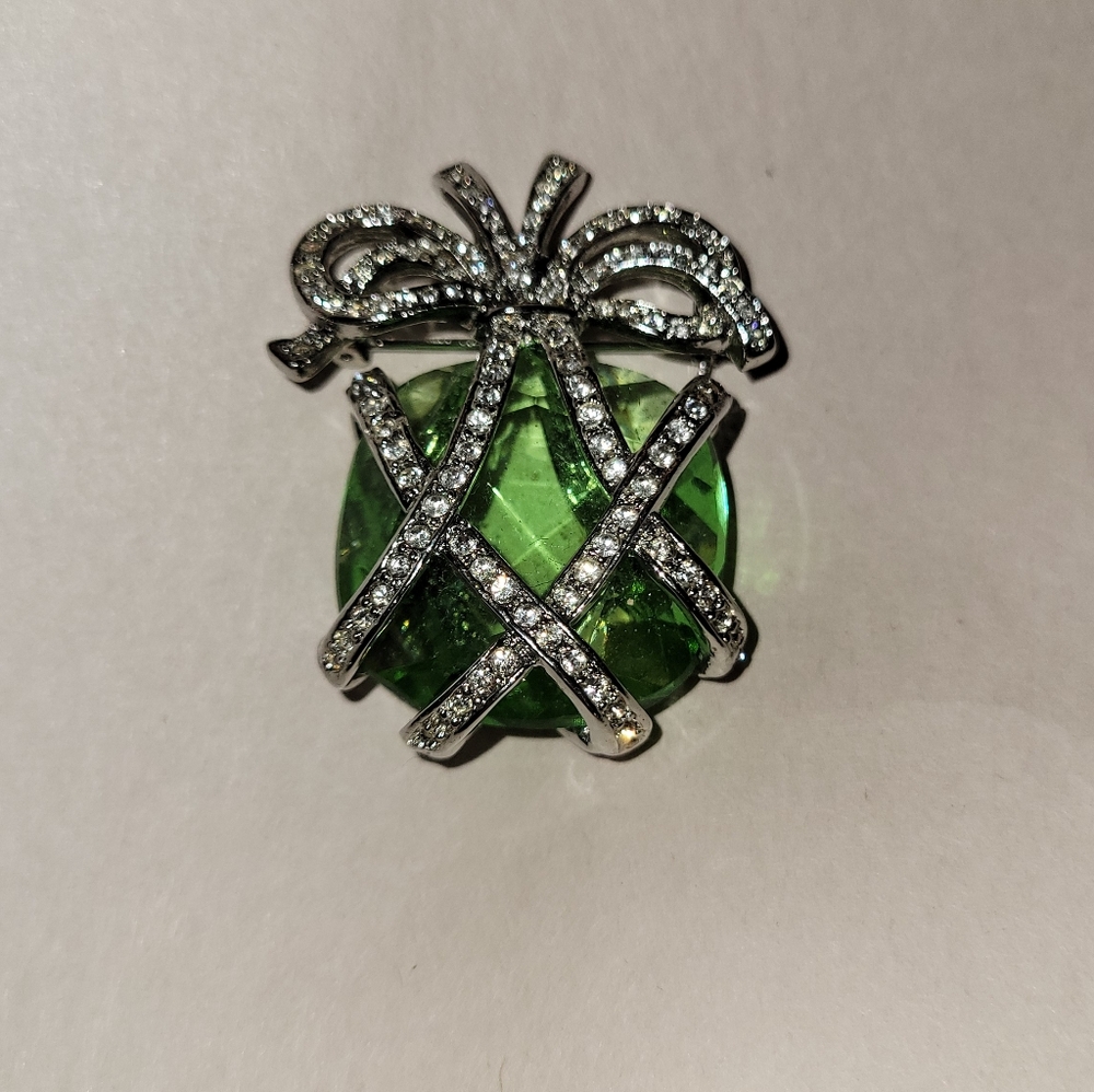 Stunning Large Green  ,Clear, and Silver Brooch By Kenneth Lane